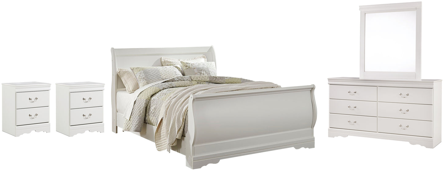 Anarasia Queen Sleigh Bed with Mirrored Dresser and 2 Nightstands